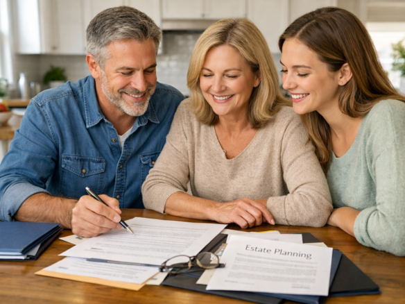 Homeowners and family discussing estate planning documents at a kitchen table.