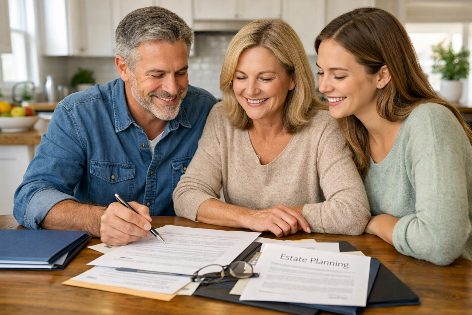 Homeowners and family discussing estate planning documents at a kitchen table.