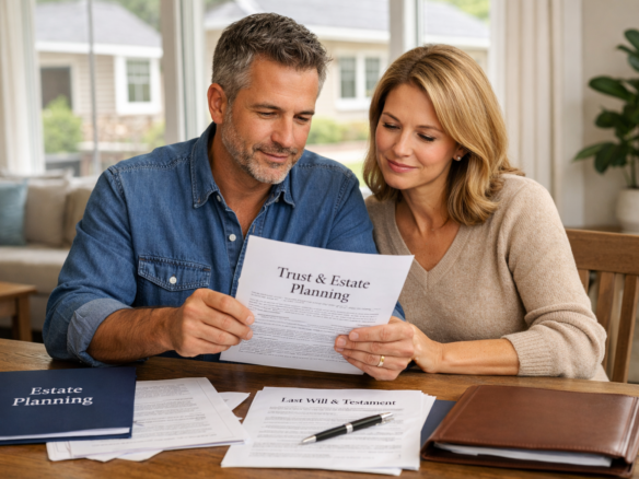 Homeowner reviewing trust and estate planning documents at a kitchen table.
