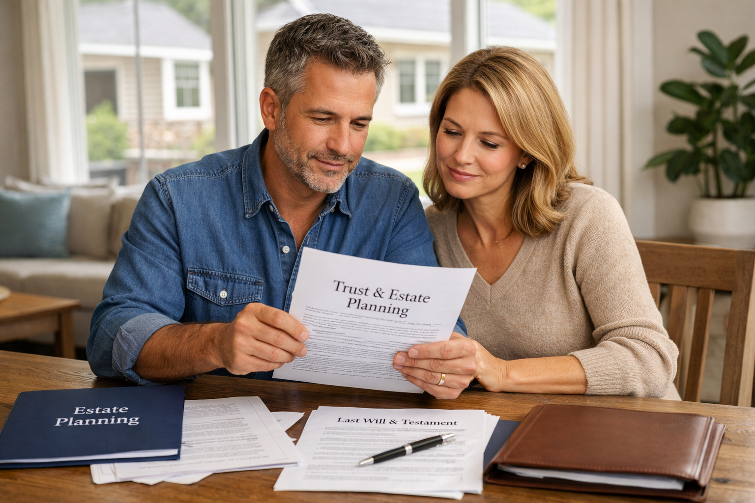 Homeowner reviewing trust and estate planning documents at a kitchen table.